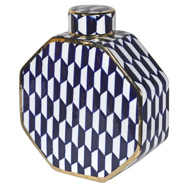 CER. BLUE & WHITE GEO LIDDED JAR