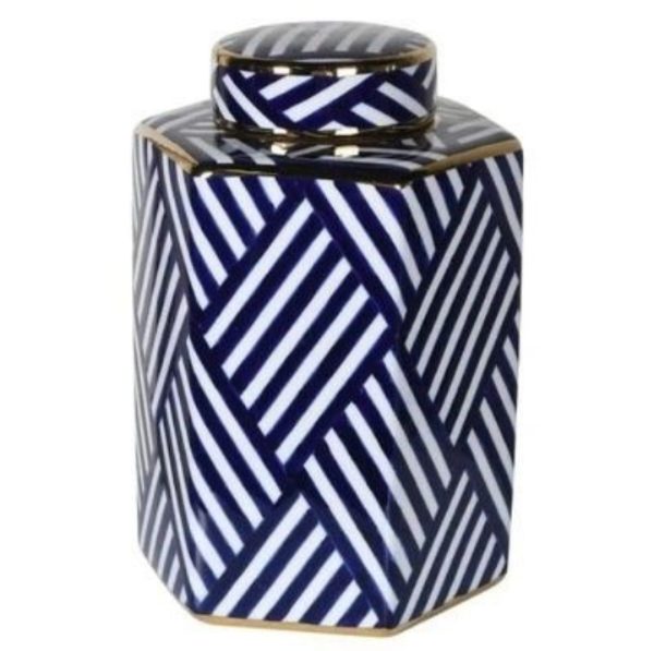DWC064: CER. BLUE & WHITE GEO. STRIPPED JAR W/LID