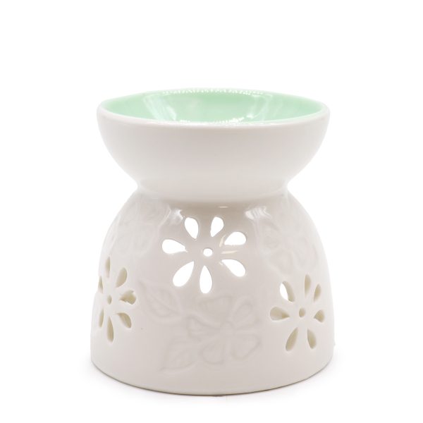 CLASSIC WHITE OIL BURNER FLORAL W/TEAL WELL