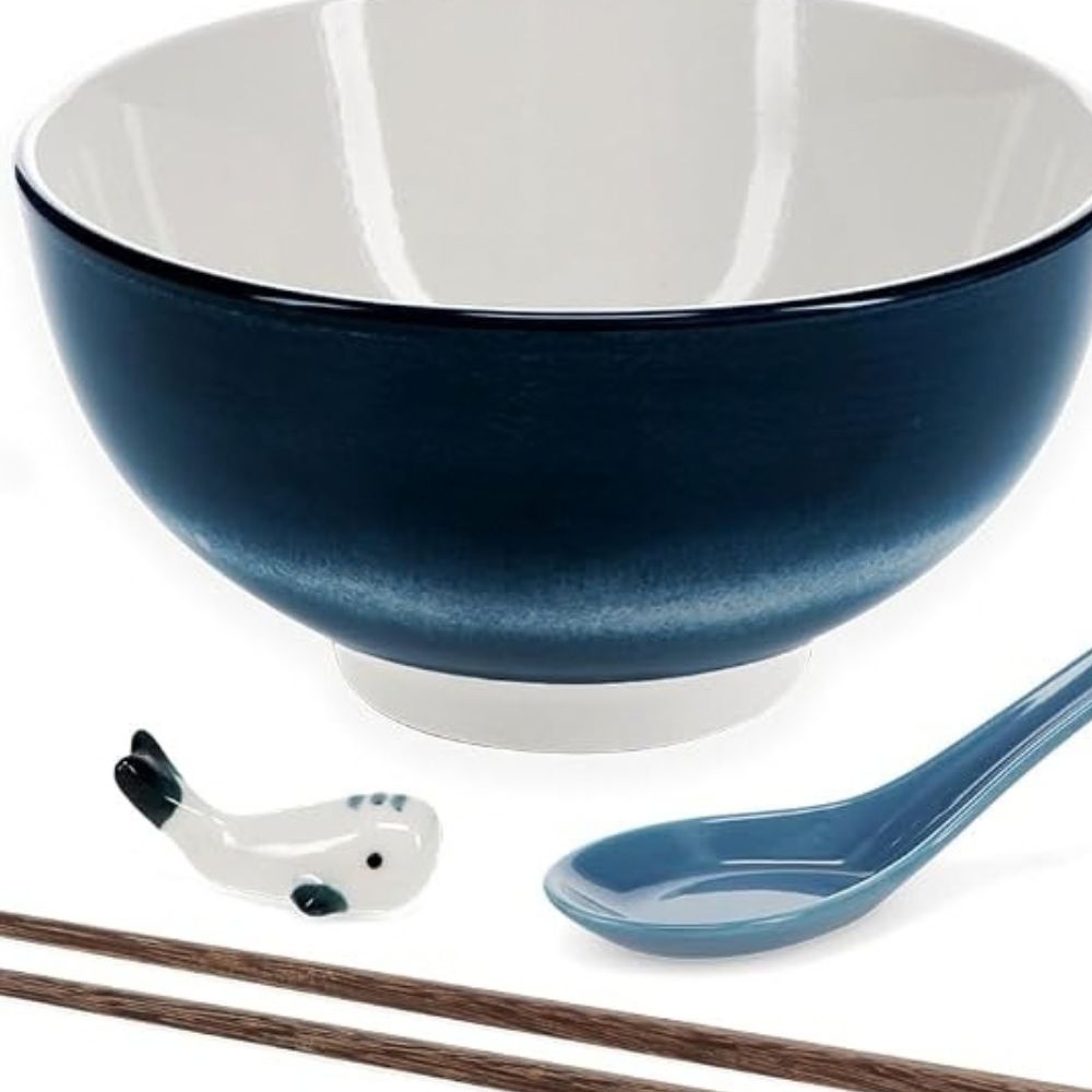 31388: CERAMIC NOODLE BOWL SET - BLUE WALE - Image 2