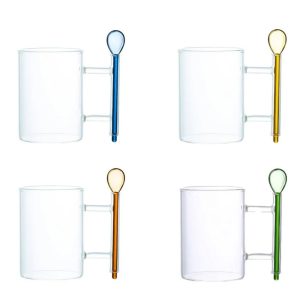 240901: GLASS TEACUP W/MULTICOLOURED SPOON S/4