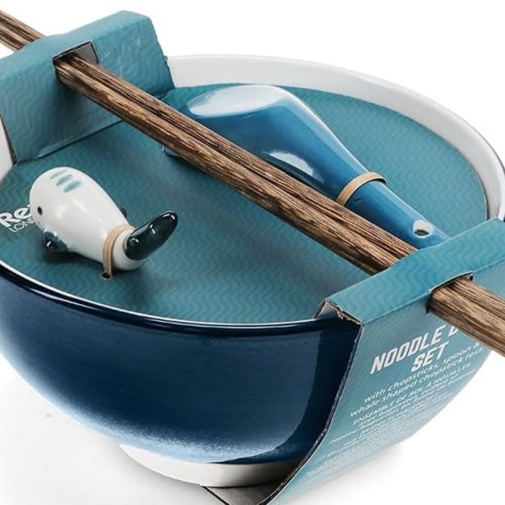 31388: CERAMIC NOODLE BOWL SET - BLUE WALE
