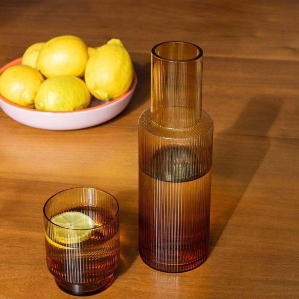30682: RETRO RIBBED GLASS TUMBLER 325ML S/4 - AMBER - Image 2